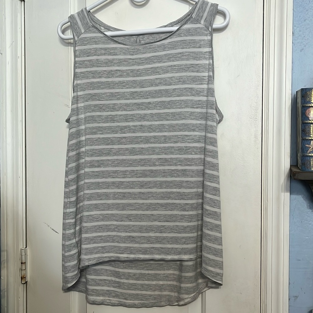 Ann Taylor LOFT size Large gray w/white stripes. Sleeveless t-shirt. LIKE NEW